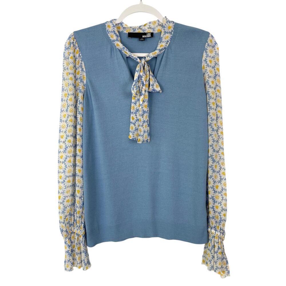 Love Moschino Fine Knitted Jumper Chiffon Sleeves Blue Small Daisy Print Chic